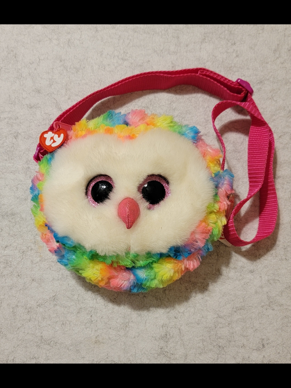 TY Rainbow Plush Owl Crossbody Bag - Pink Strap